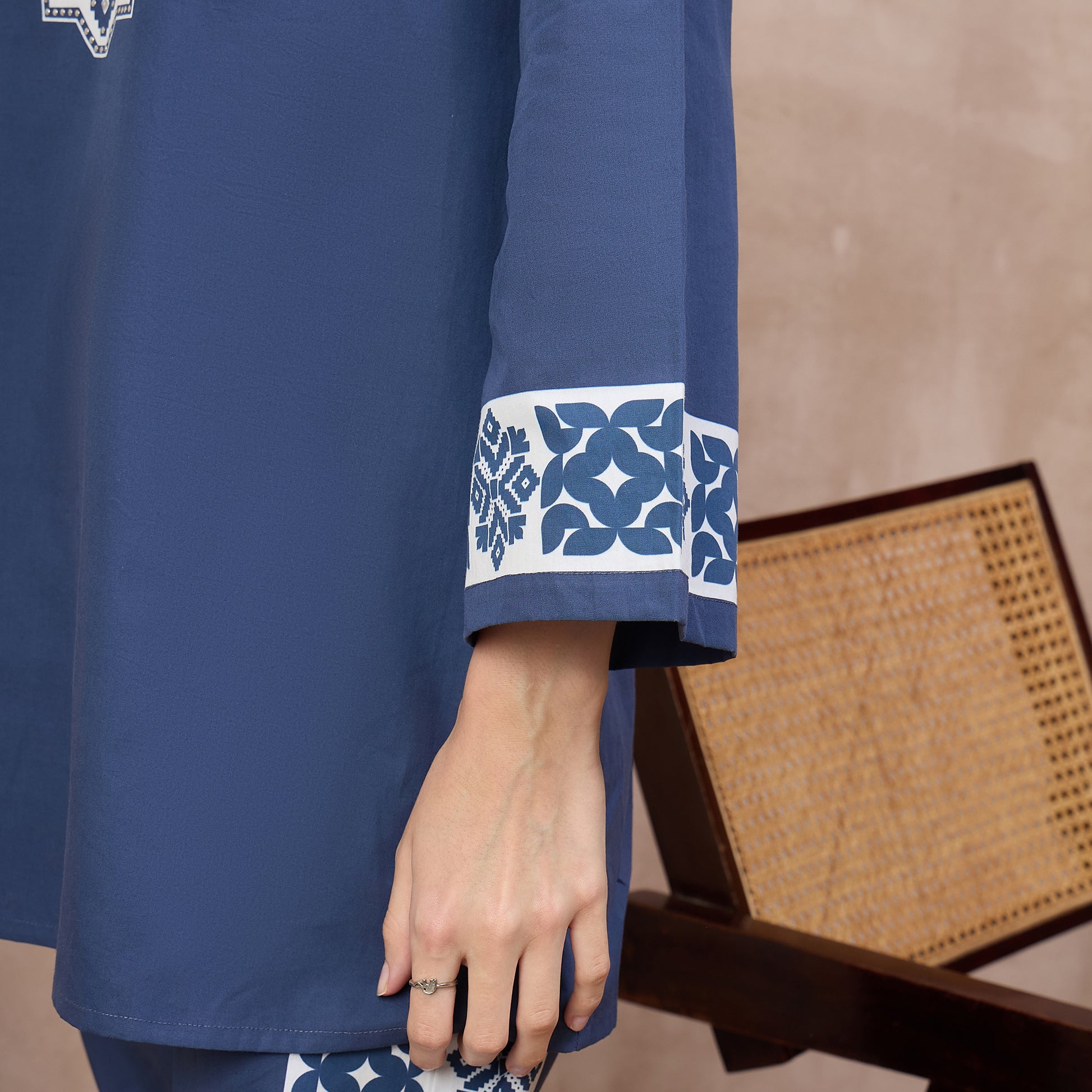 Blue and White Geometric Print Set for Women – Cotton Poplin | First Resort by Ramola Bachchan