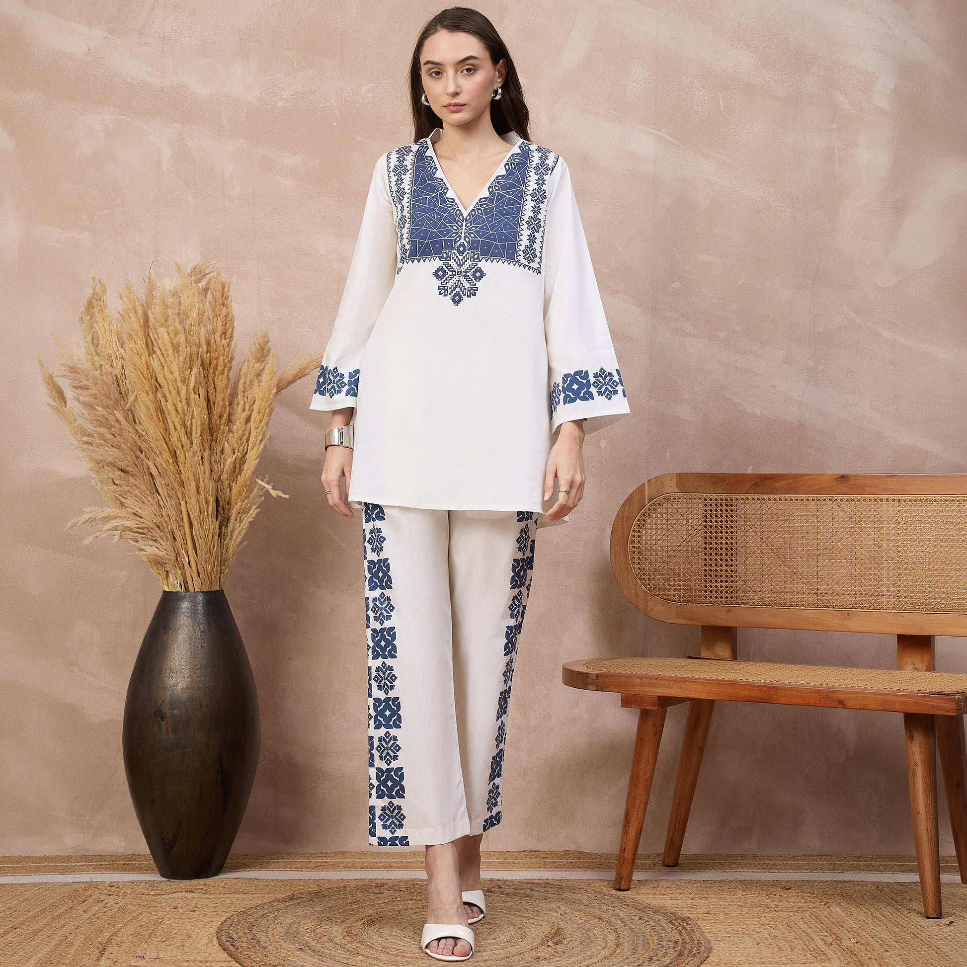 White and Blue Geometric Print Set for Women – Cotton Poplin | First Resort by Ramola Bachchan