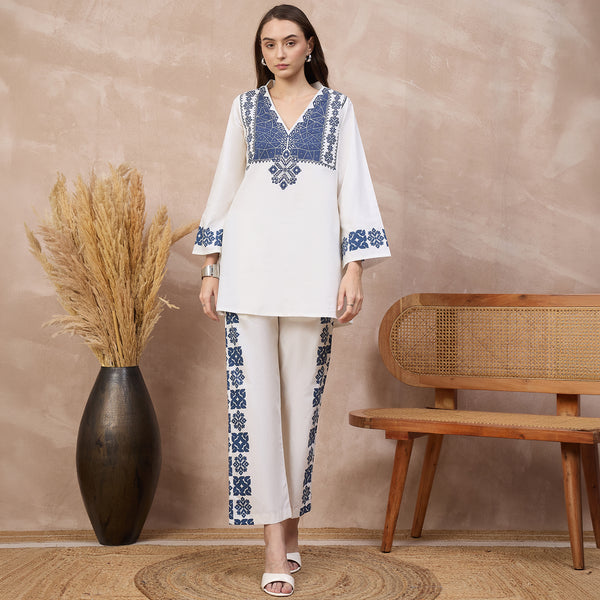 White and Blue Geometric Print Set for Women – Cotton Poplin | First Resort by Ramola Bachchan