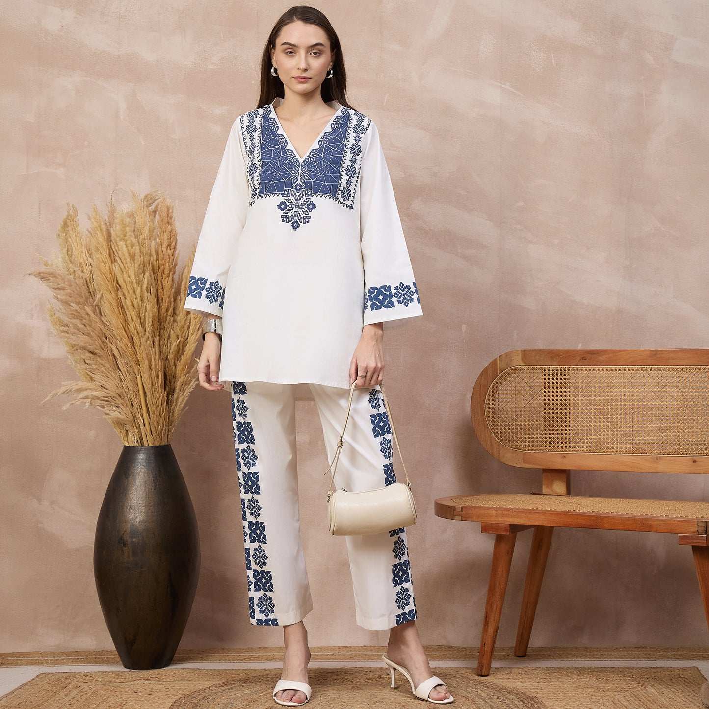 White and Blue Geometric Print Set for Women – Cotton Poplin – Front View | First Resort by Ramola Bachchan