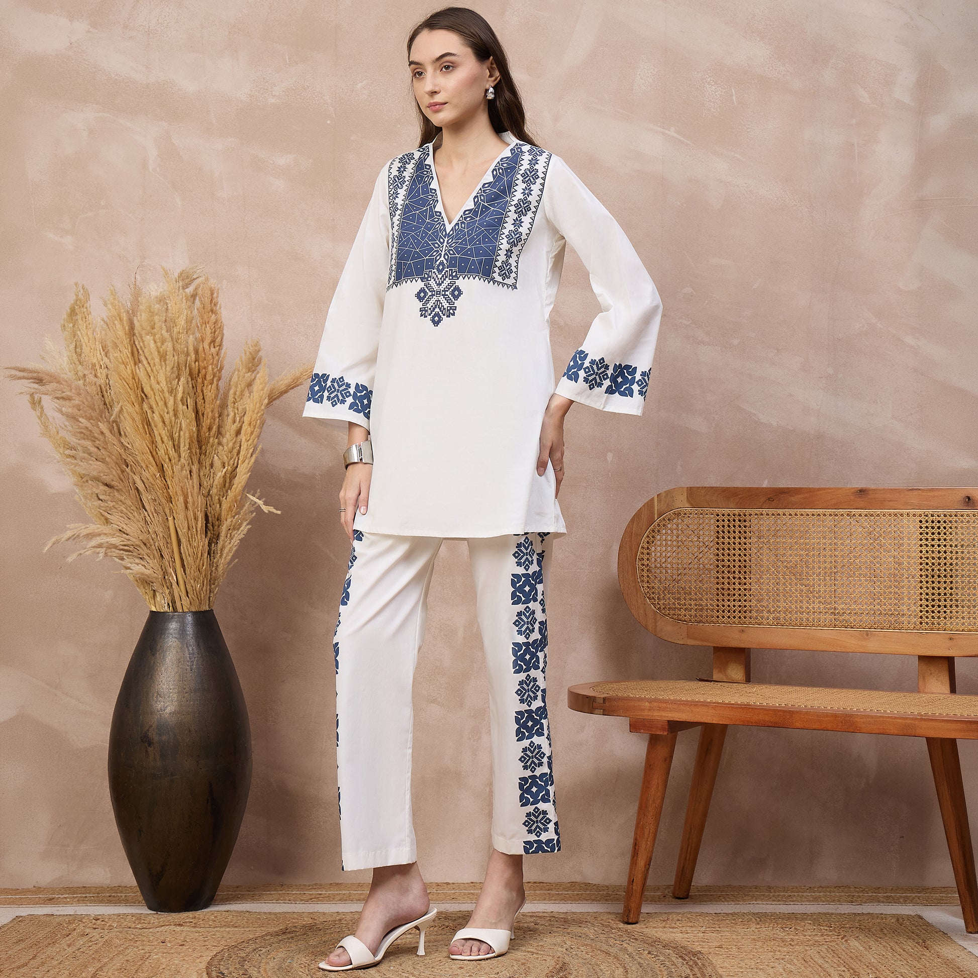 White and Blue Geometric Print Set for Women – Cotton Poplin – Model View | First Resort by Ramola Bachchan