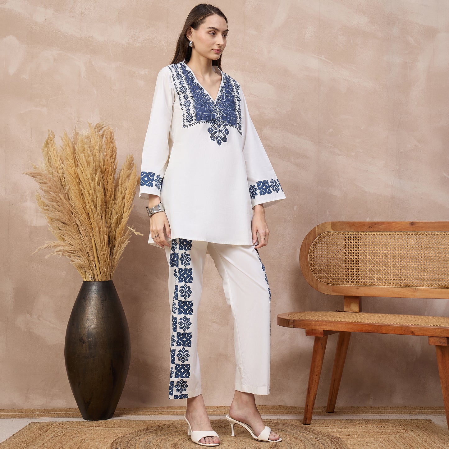 White and Blue Geometric Print Set for Women – Cotton Poplin – Side View | First Resort by Ramola Bachchan