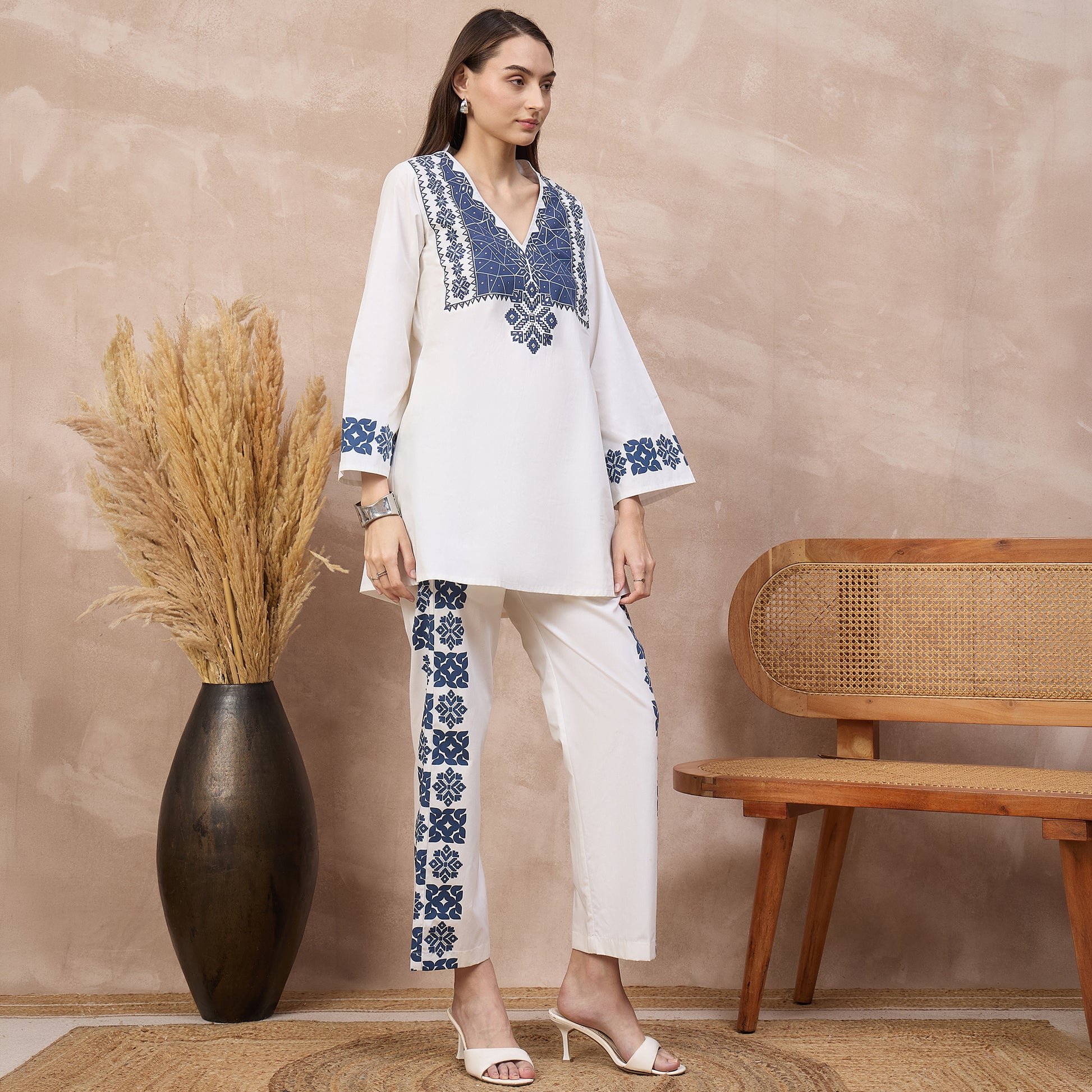 White and Blue Geometric Print Set for Women – Cotton Poplin – Side View | First Resort by Ramola Bachchan