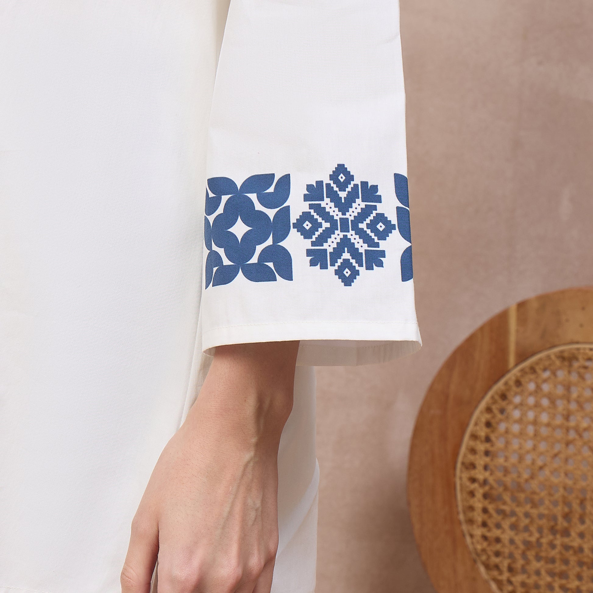 White and Blue Geometric Print Set for Women – Cotton Poplin | First Resort by Ramola Bachchan