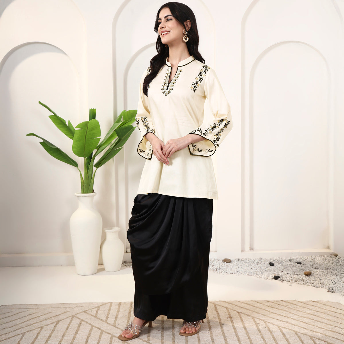 Cream Set for Women – Cotton Satin, Polyester Satin – Model View | First Resort by Ramola Bachchan
