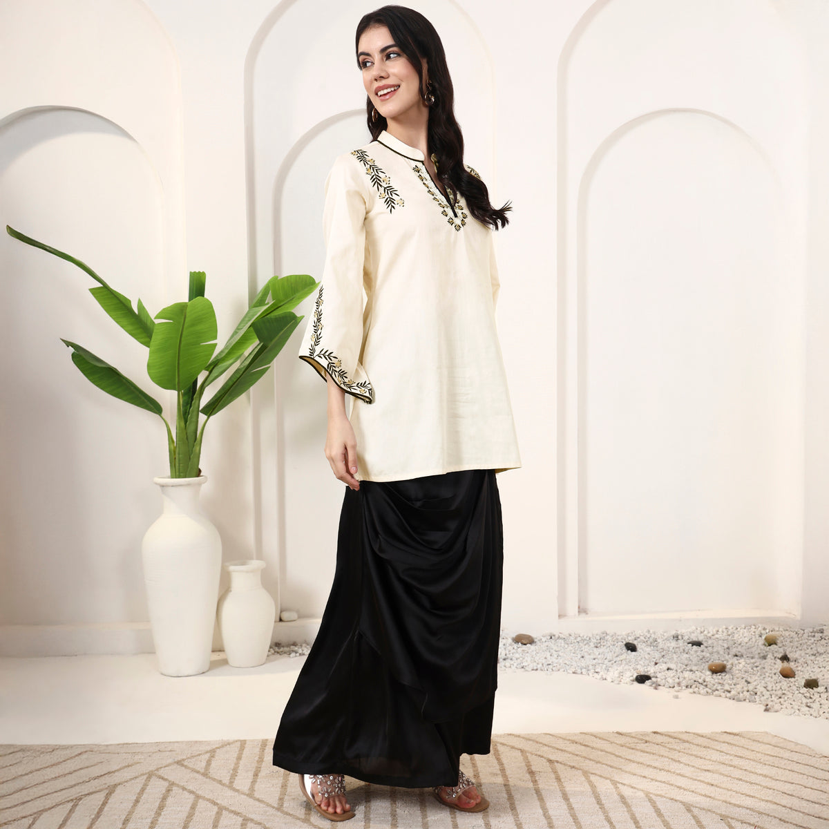 Cream Set for Women – Cotton Satin, Polyester Satin – Side View | First Resort by Ramola Bachchan