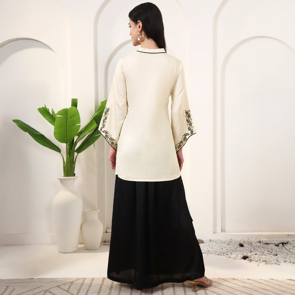 Cream Set for Women – Cotton Satin, Polyester Satin – Detail View | First Resort by Ramola Bachchan