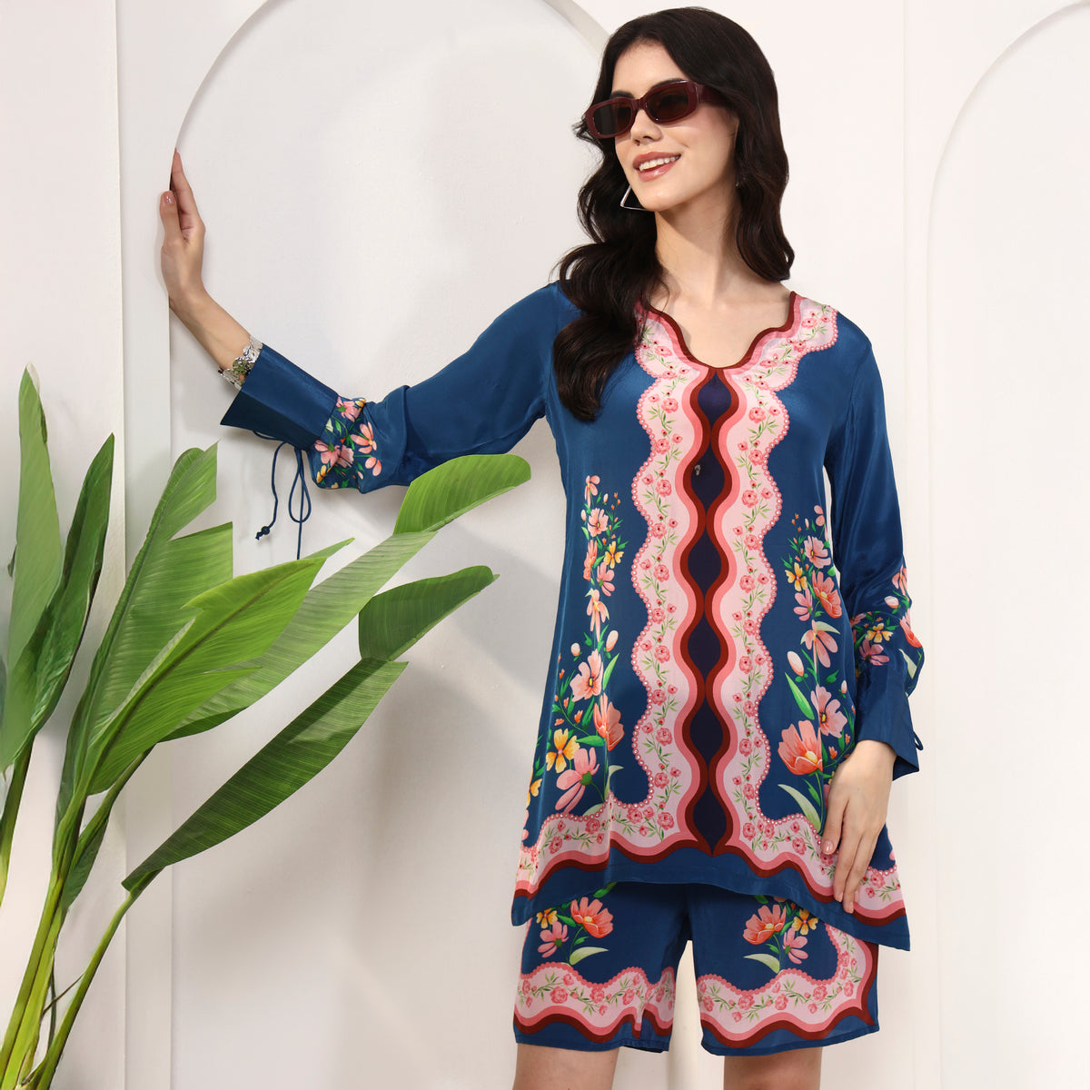 Blue Floral Print Set for Women – Viscose Crepe – Close Up | First Resort by Ramola Bachchan