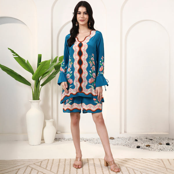 Teal Floral Print Set for Women – Viscose Crepe | First Resort by Ramola Bachchan