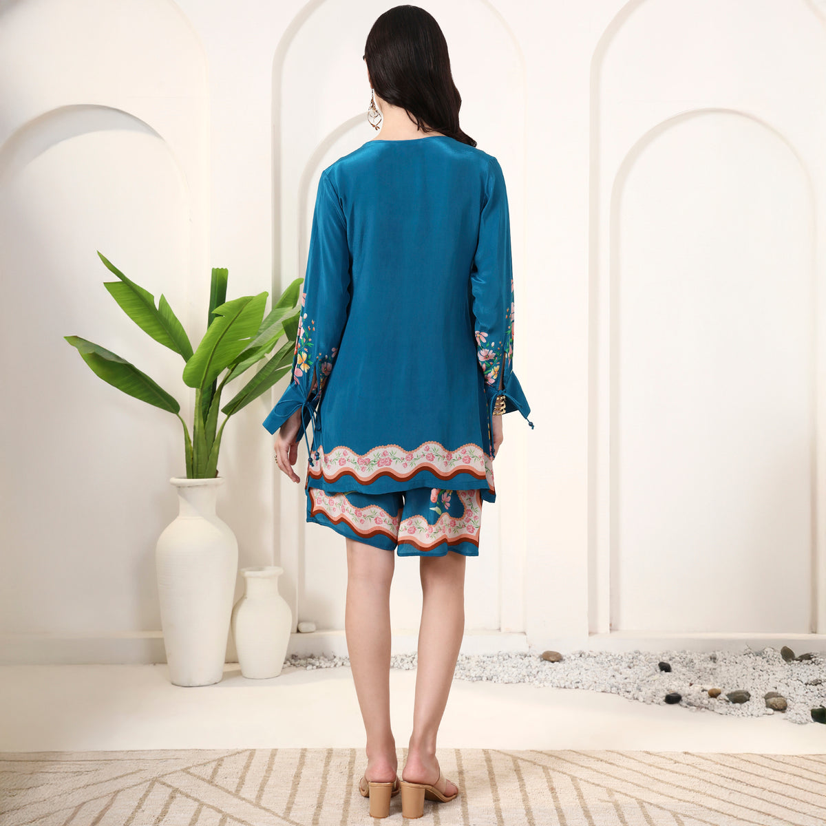 Teal Floral Print Set for Women – Viscose Crepe – Detail View | First Resort by Ramola Bachchan