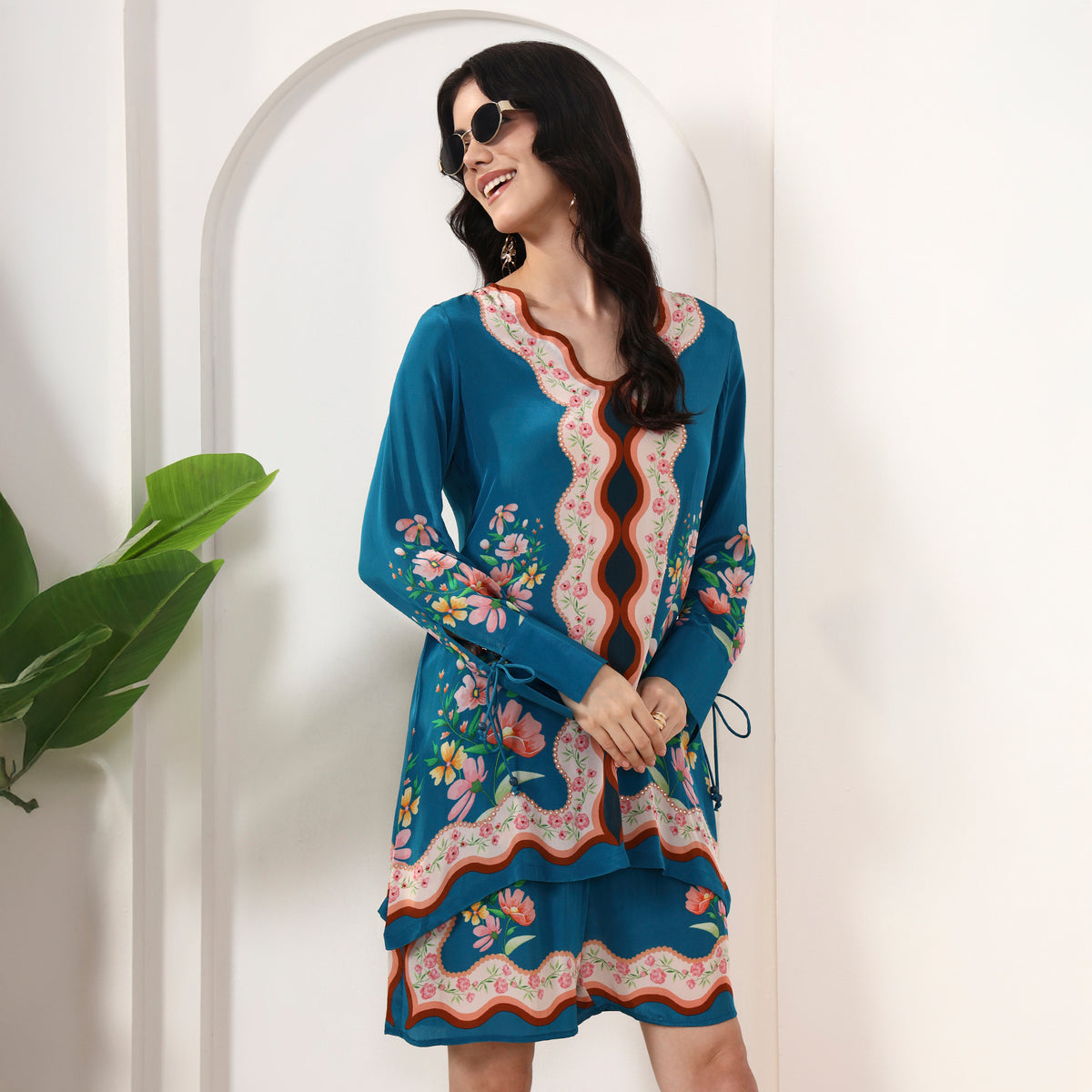 Teal Floral Print Set for Women – Viscose Crepe – Close Up | First Resort by Ramola Bachchan