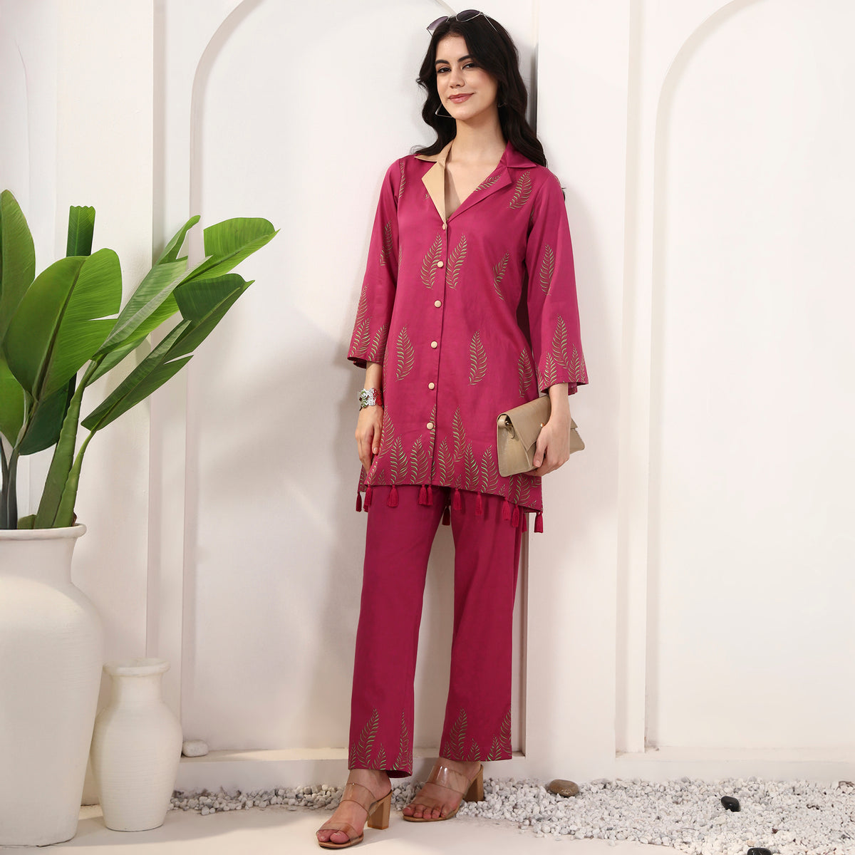 Pink Floral Print Set for Women – Cotton Satin – Front View | First Resort by Ramola Bachchan
