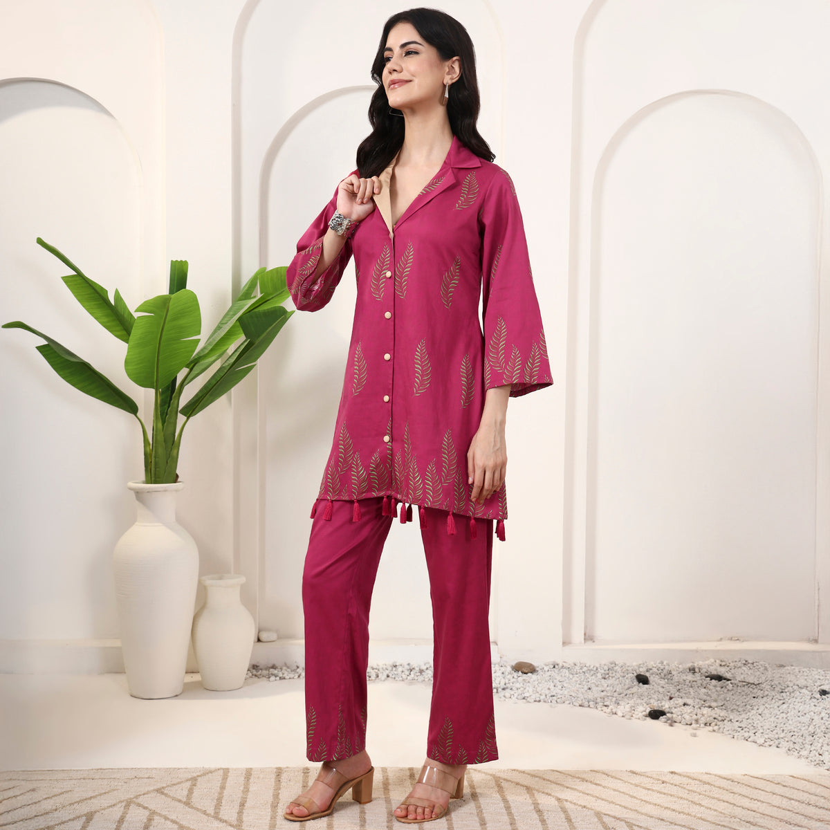 Pink Floral Print Set for Women – Cotton Satin – Model View | First Resort by Ramola Bachchan