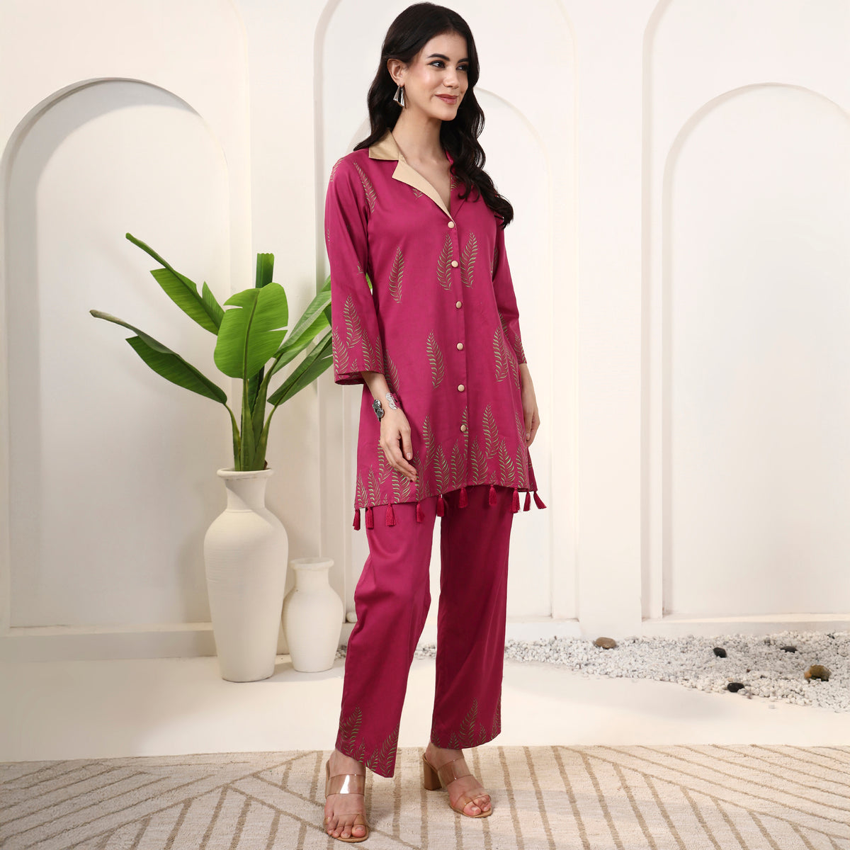 Pink Floral Print Set for Women – Cotton Satin – Side View | First Resort by Ramola Bachchan