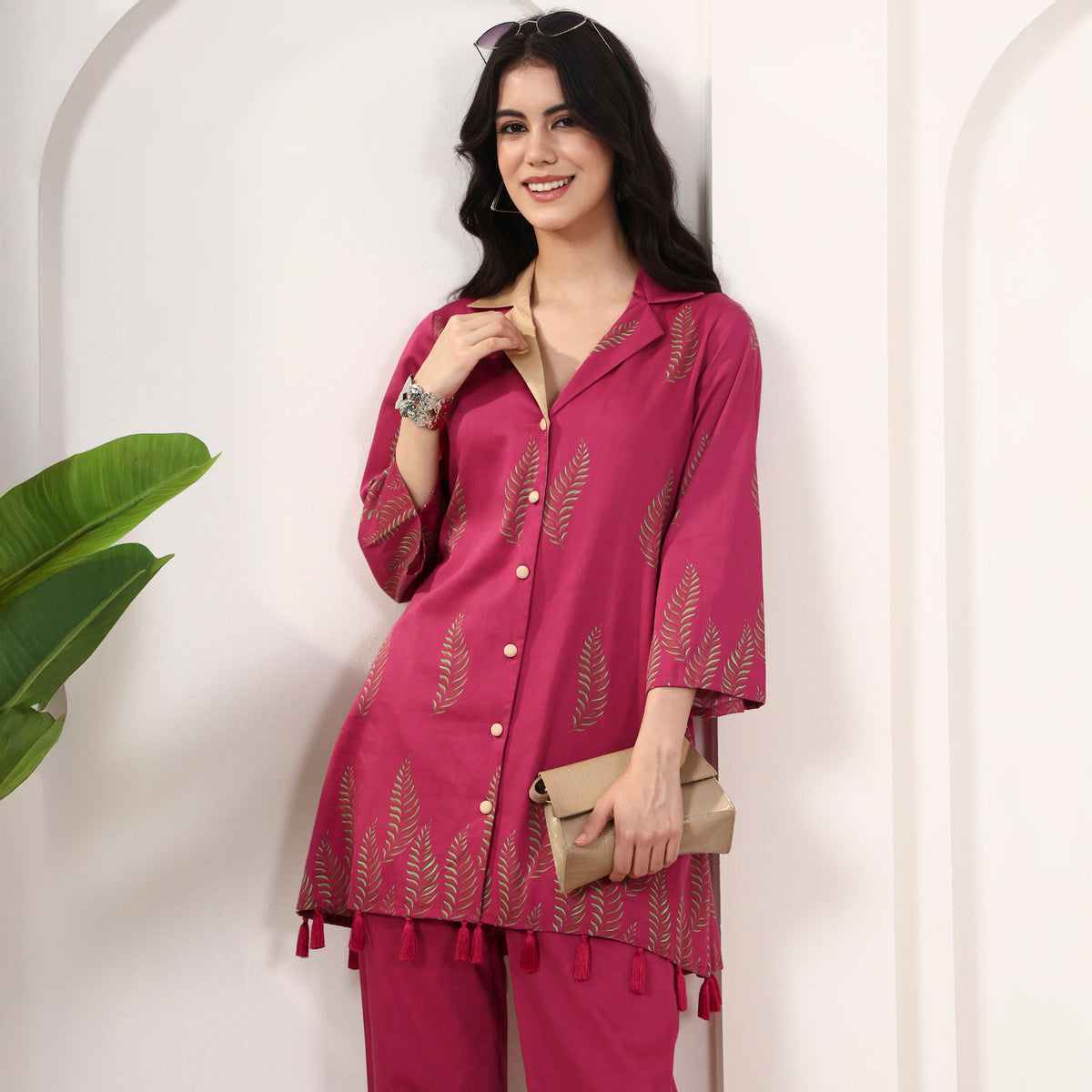 Pink Floral Print Set for Women – Cotton Satin – Close Up | First Resort by Ramola Bachchan