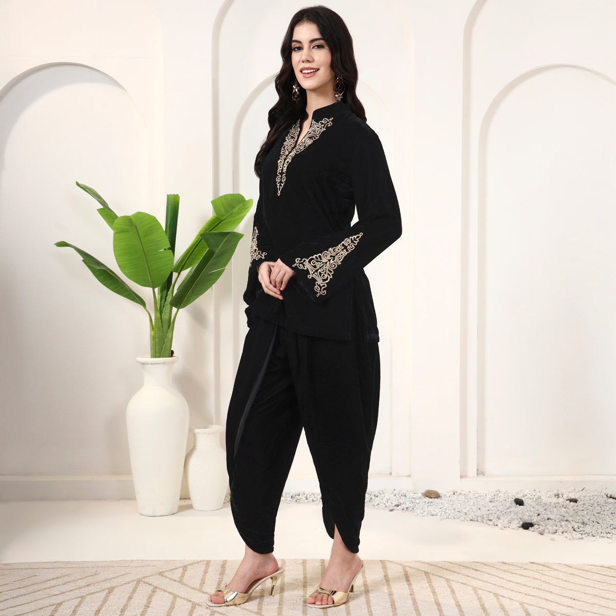Black Set for Women – Silk Velvet – Model View | First Resort by Ramola Bachchan