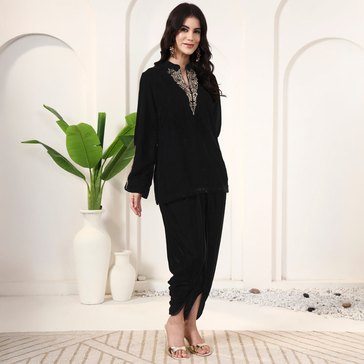 Black Set for Women – Silk Velvet – Side View | First Resort by Ramola Bachchan