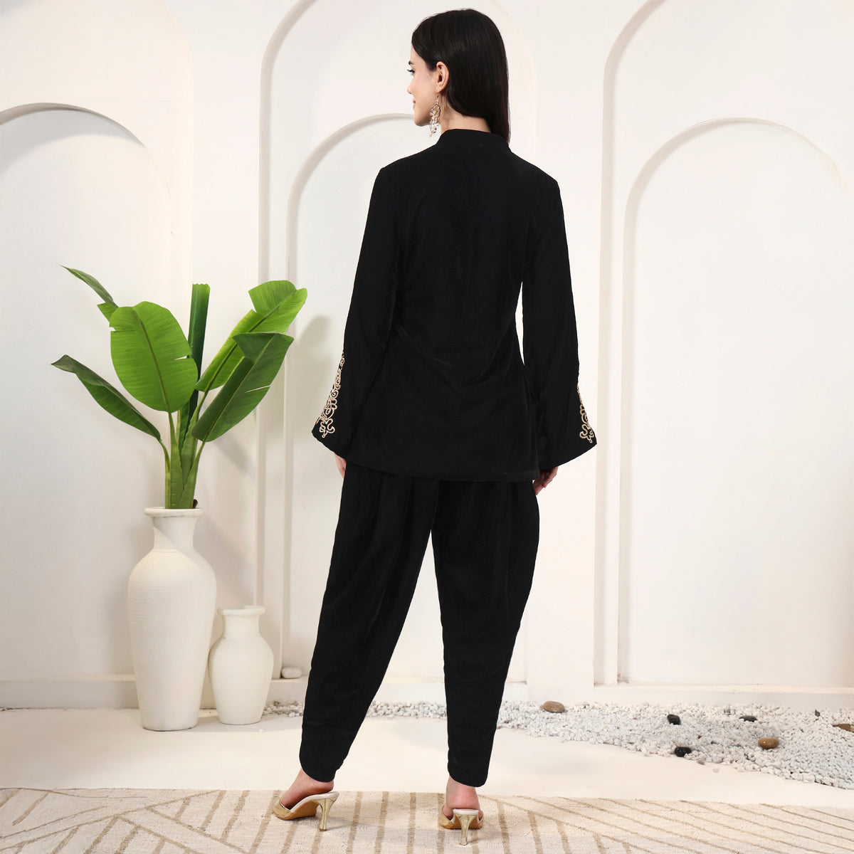 Black Set for Women – Silk Velvet – Detail View | First Resort by Ramola Bachchan