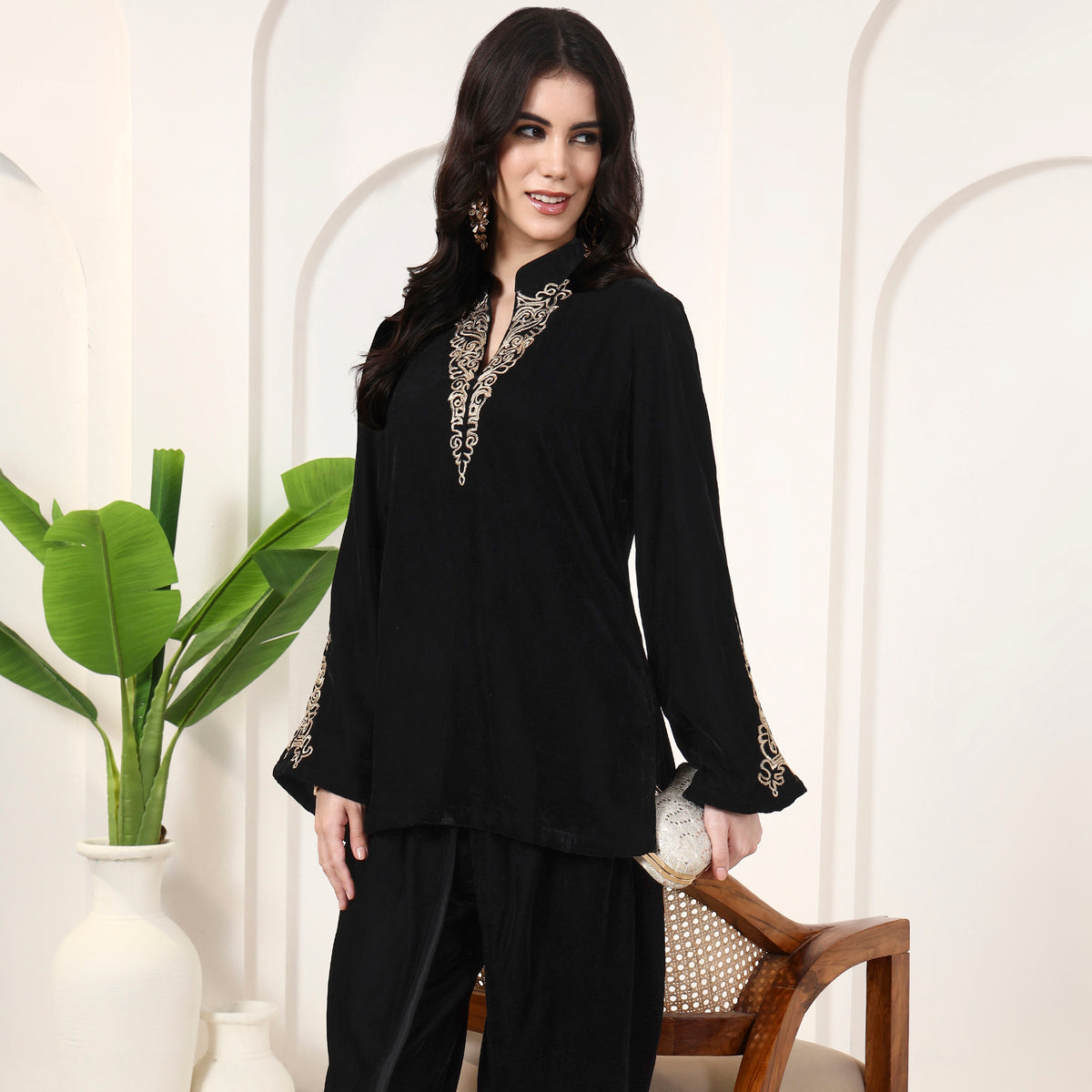 Black Set for Women – Silk Velvet – Back View | First Resort by Ramola Bachchan
