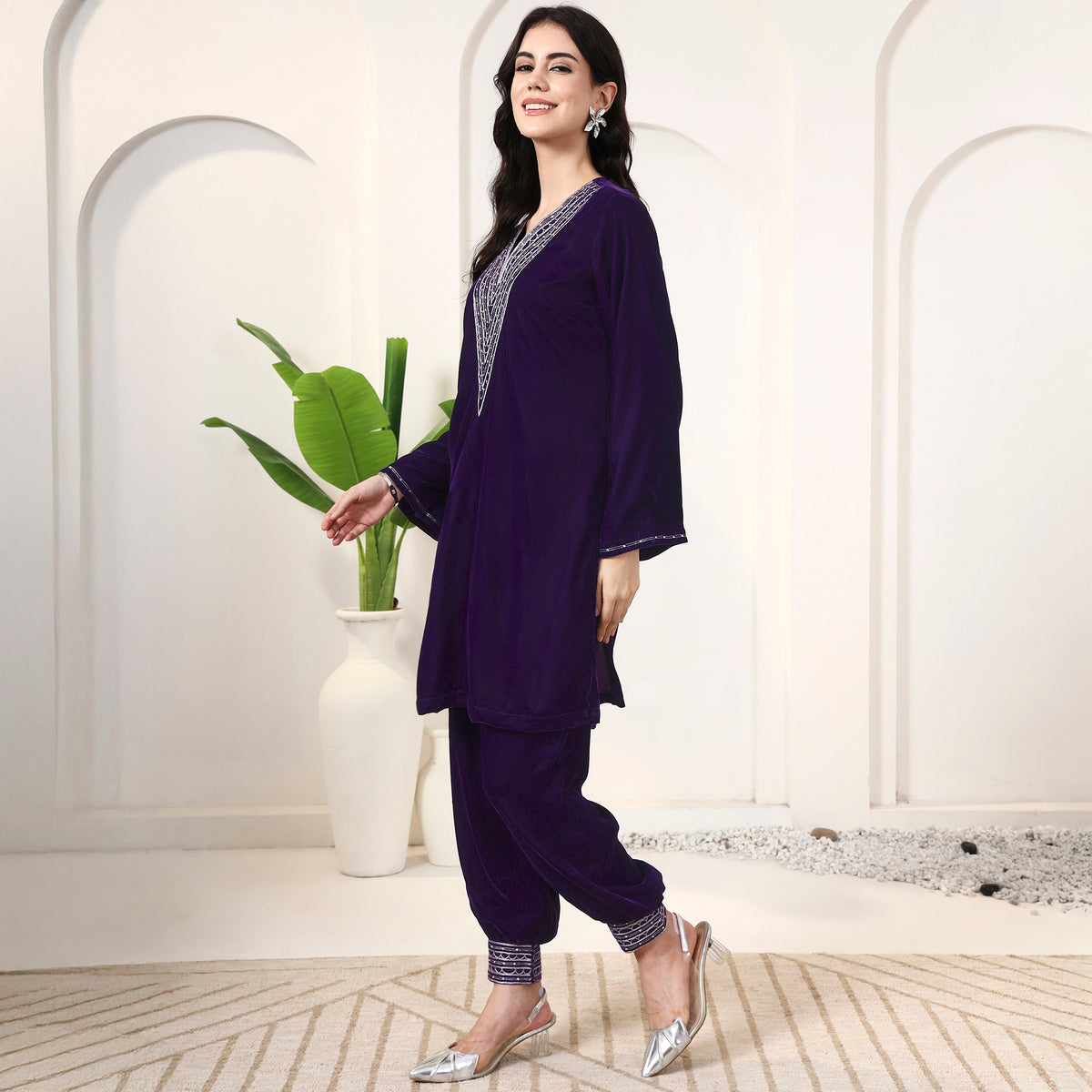 Purple Set for Women – Silk Velvet – Model View | First Resort by Ramola Bachchan