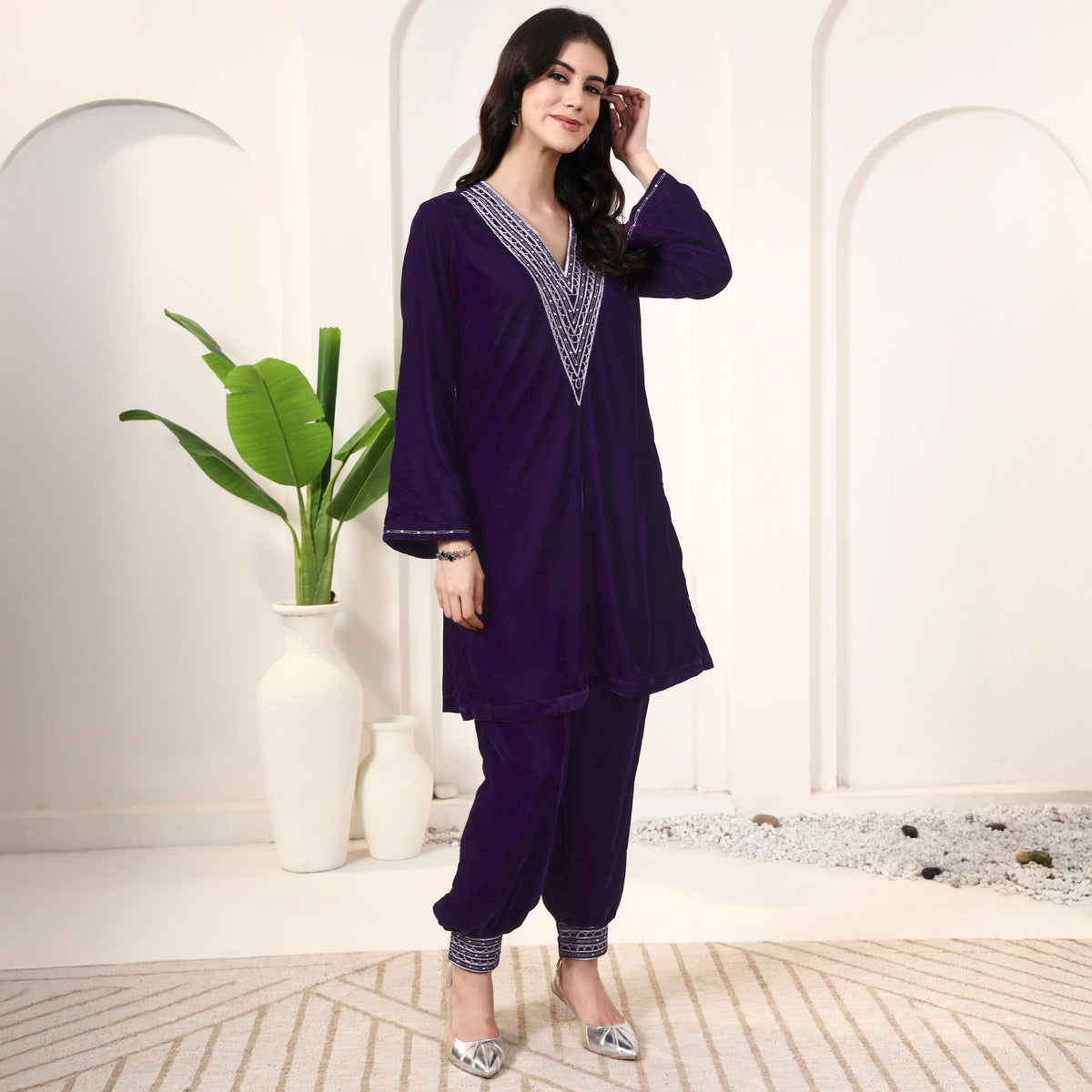 Purple Set for Women – Silk Velvet – Side View | First Resort by Ramola Bachchan