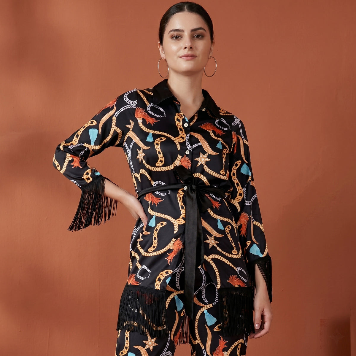 Black Chain Print Shirt for Women – Polyester Satin | First Resort by Ramola Bachchan