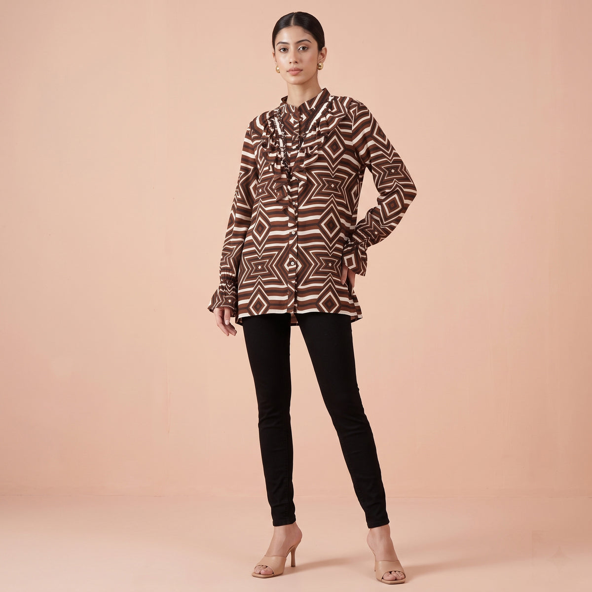 Brown And White Geometric Print Shirt for Women – Viscose Crepe | First Resort by Ramola Bachchan