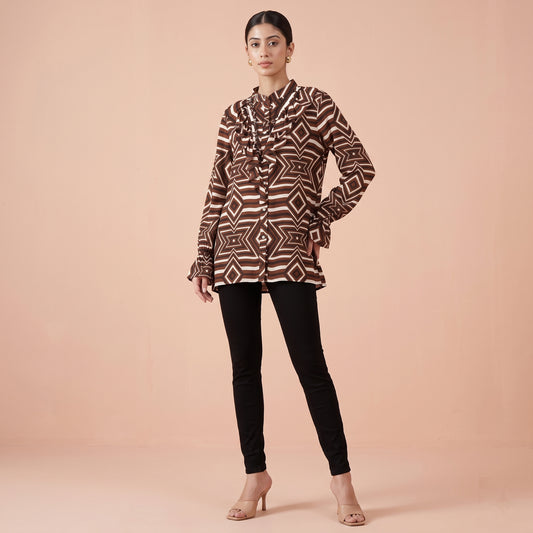 Brown And White Geometric Print Shirt for Women – Viscose Crepe | First Resort by Ramola Bachchan