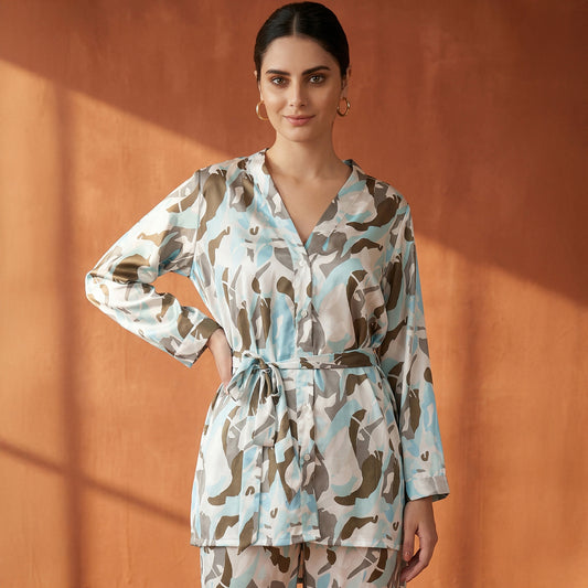 Aqua Abstract Camouflage Print Shirt for Women – Polyester Satin | First Resort by Ramola Bachchan