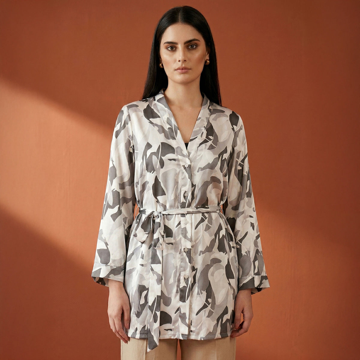 Grey Abstract Camouflage Print Shirt for Women – Polyester Satin | First Resort by Ramola Bachchan