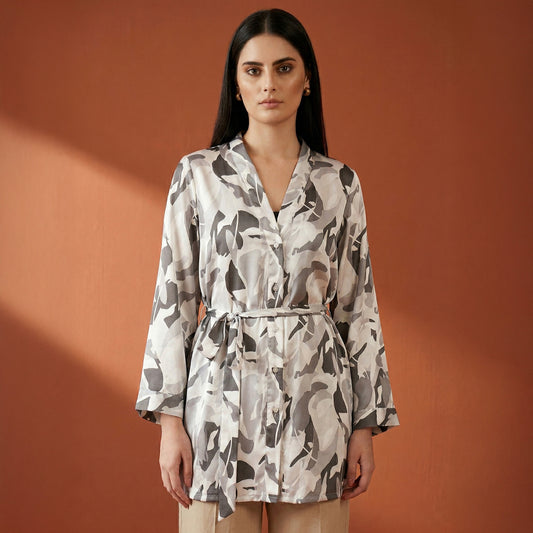 Grey Abstract Camouflage Print Shirt for Women – Polyester Satin | First Resort by Ramola Bachchan