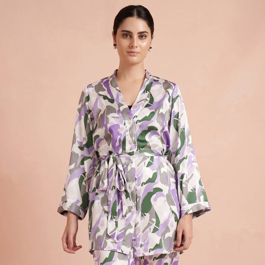 Purple Abstract Camouflage Print Shirt for Women – Polyester Satin | First Resort by Ramola Bachchan