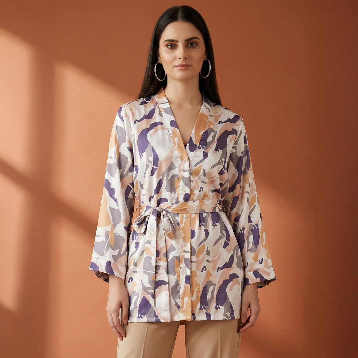 Tan Abstract Camouflage Print Shirt for Women – Polyester Satin | First Resort by Ramola Bachchan