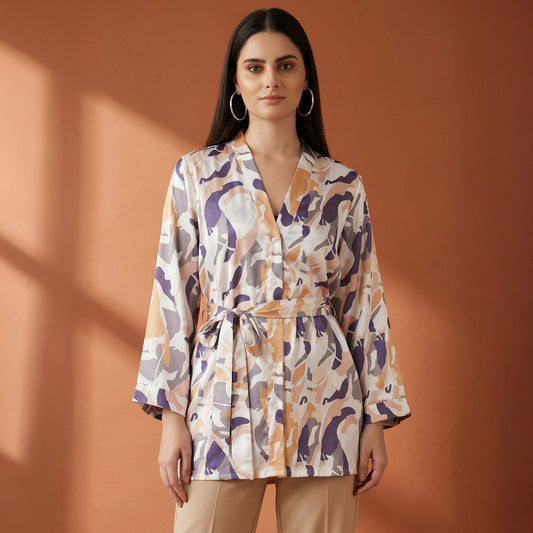 Tan Abstract Camouflage Print Shirt for Women – Polyester Satin | First Resort by Ramola Bachchan