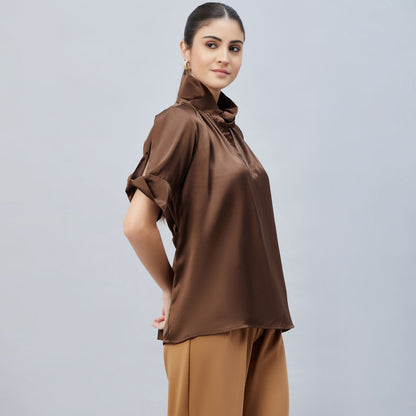 Brown Twisted Embellished Satin Shirt