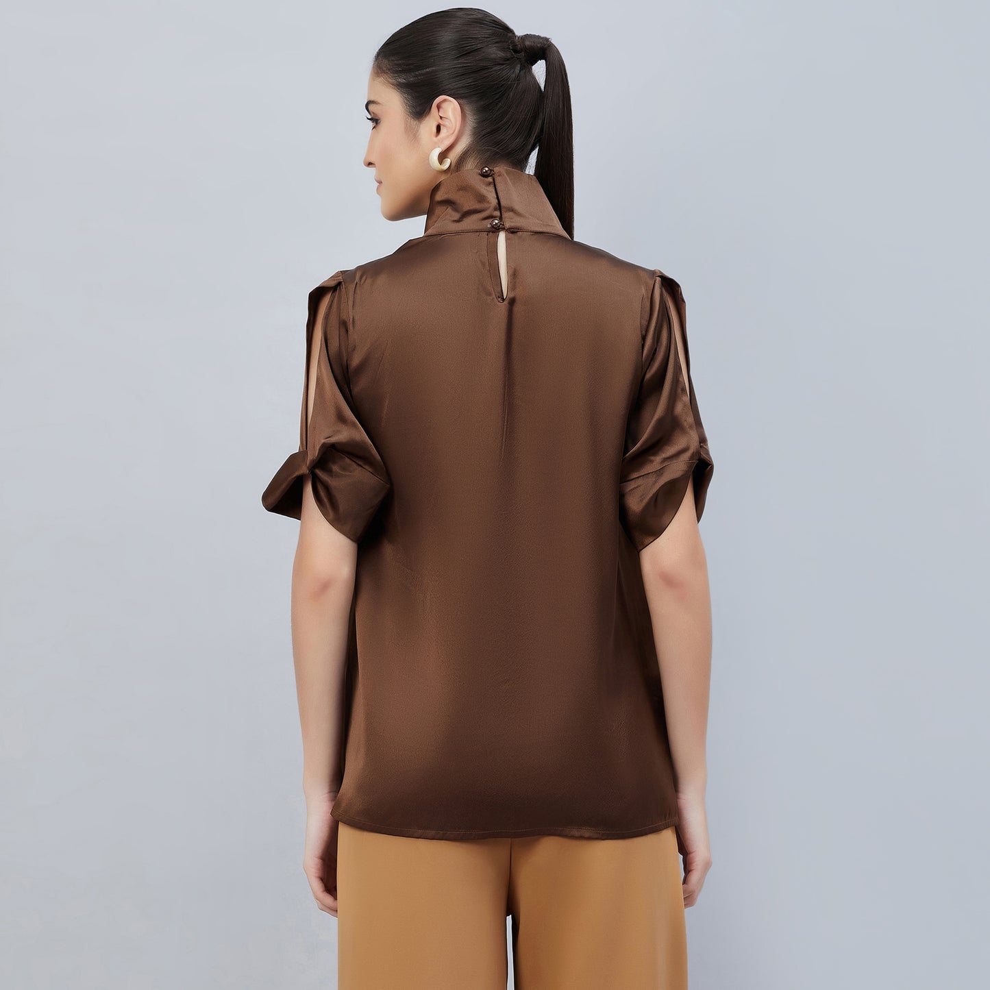 Brown Twisted Embellished Satin Shirt