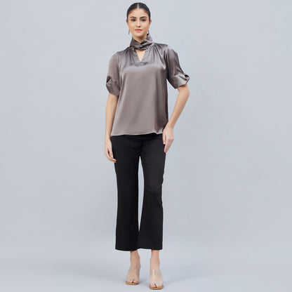 Grey Twisted Embellished Satin Shirt