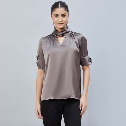 Grey Twisted Embellished Satin Shirt