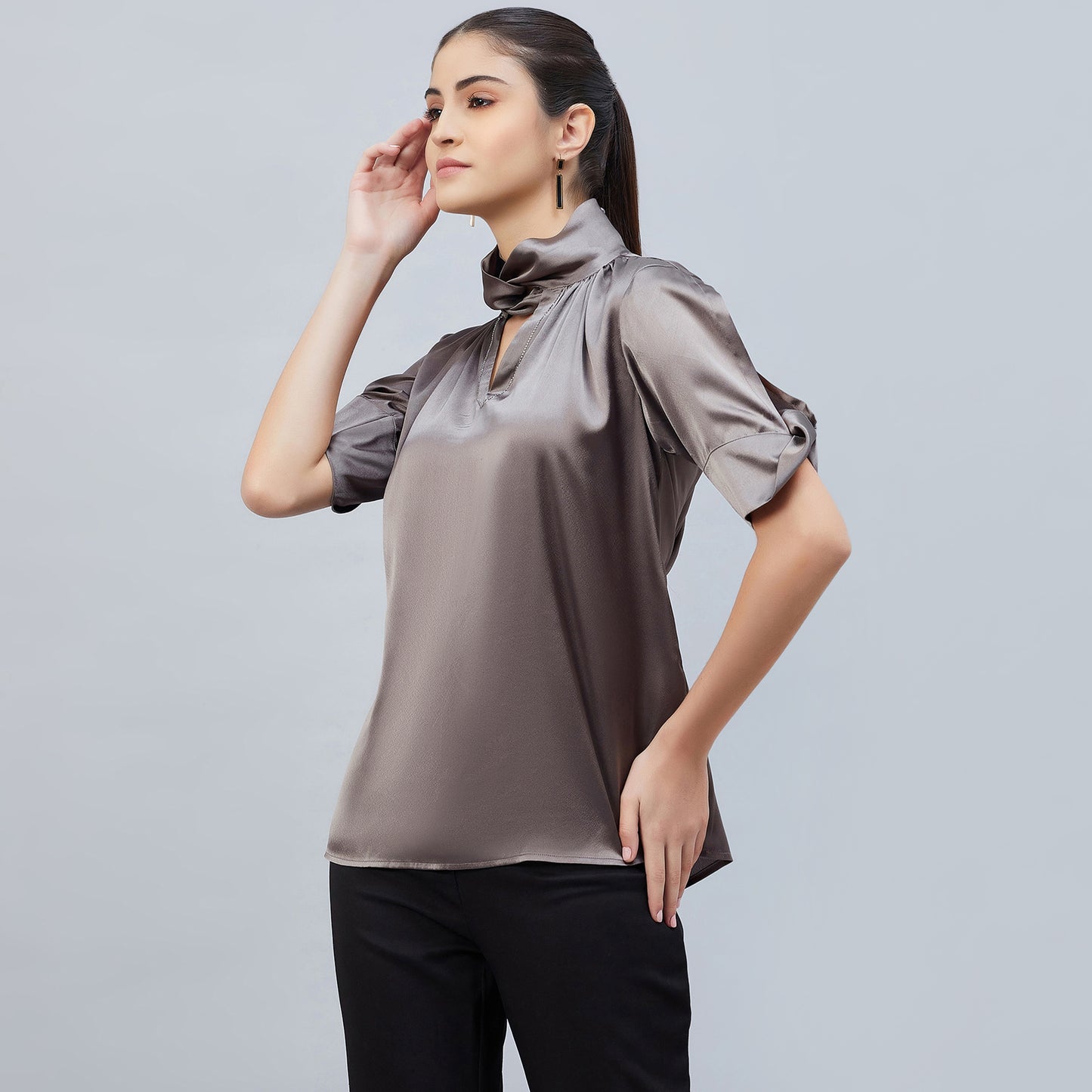 Grey Twisted Embellished Satin Shirt