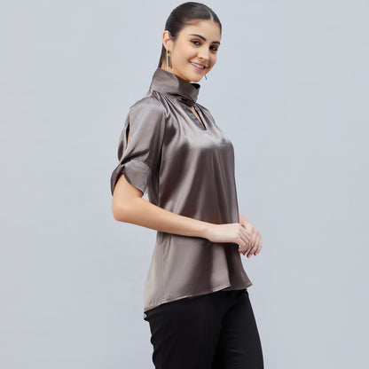 Grey Twisted Embellished Satin Shirt