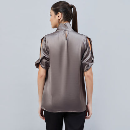 Grey Twisted Embellished Satin Shirt