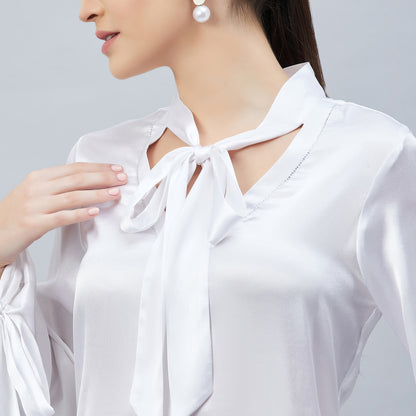 White Neck-Tie Embellished Satin Shirt