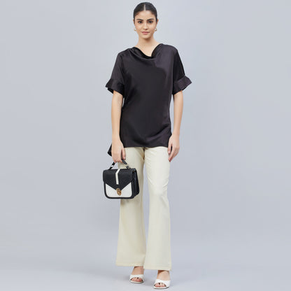 Black Cowl Neck Embellished Satin Shirt