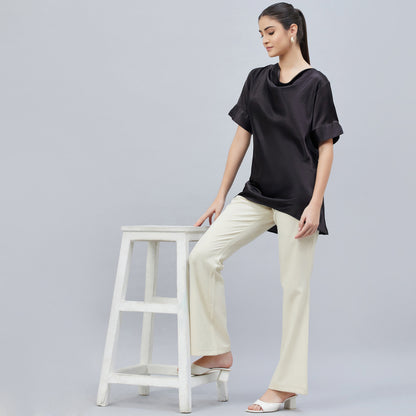 Black Cowl Neck Embellished Satin Shirt