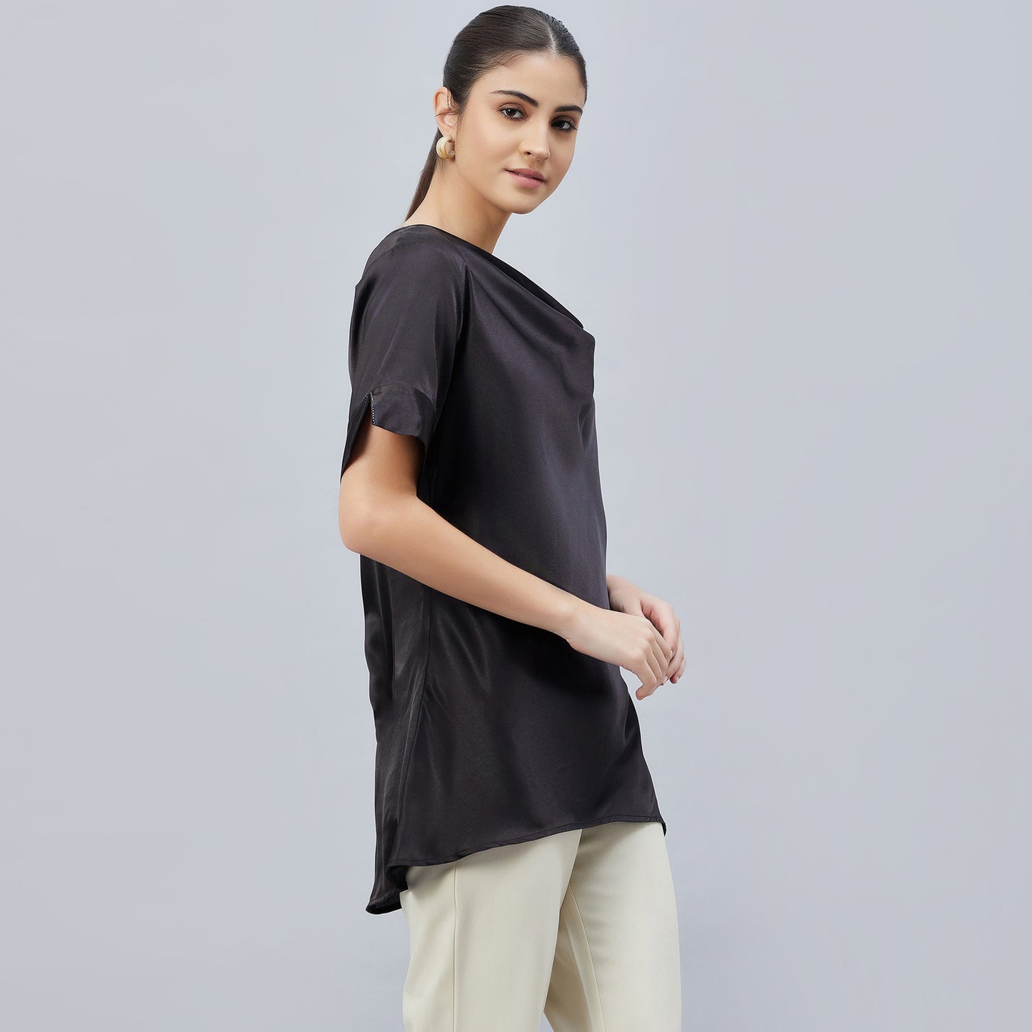 Black Cowl Neck Embellished Satin Shirt