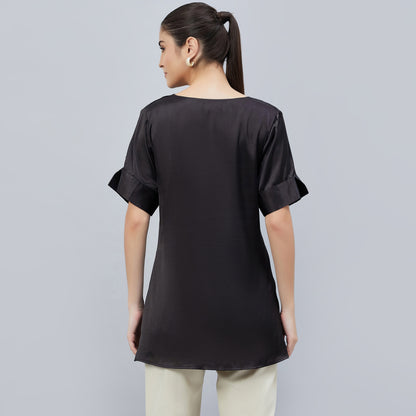 Black Cowl Neck Embellished Satin Shirt