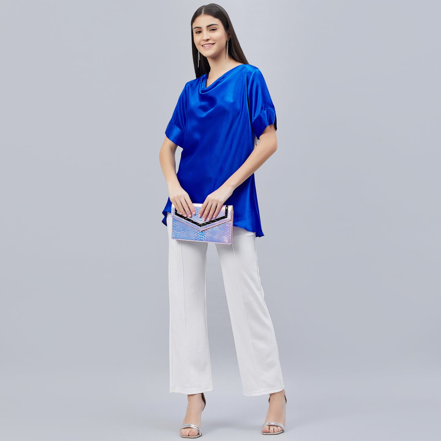 Cobalt Blue Cowl Neck Embellished Satin Shirt