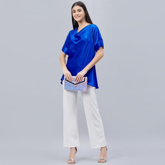 Cobalt Blue Cowl Neck Embellished Satin Shirt