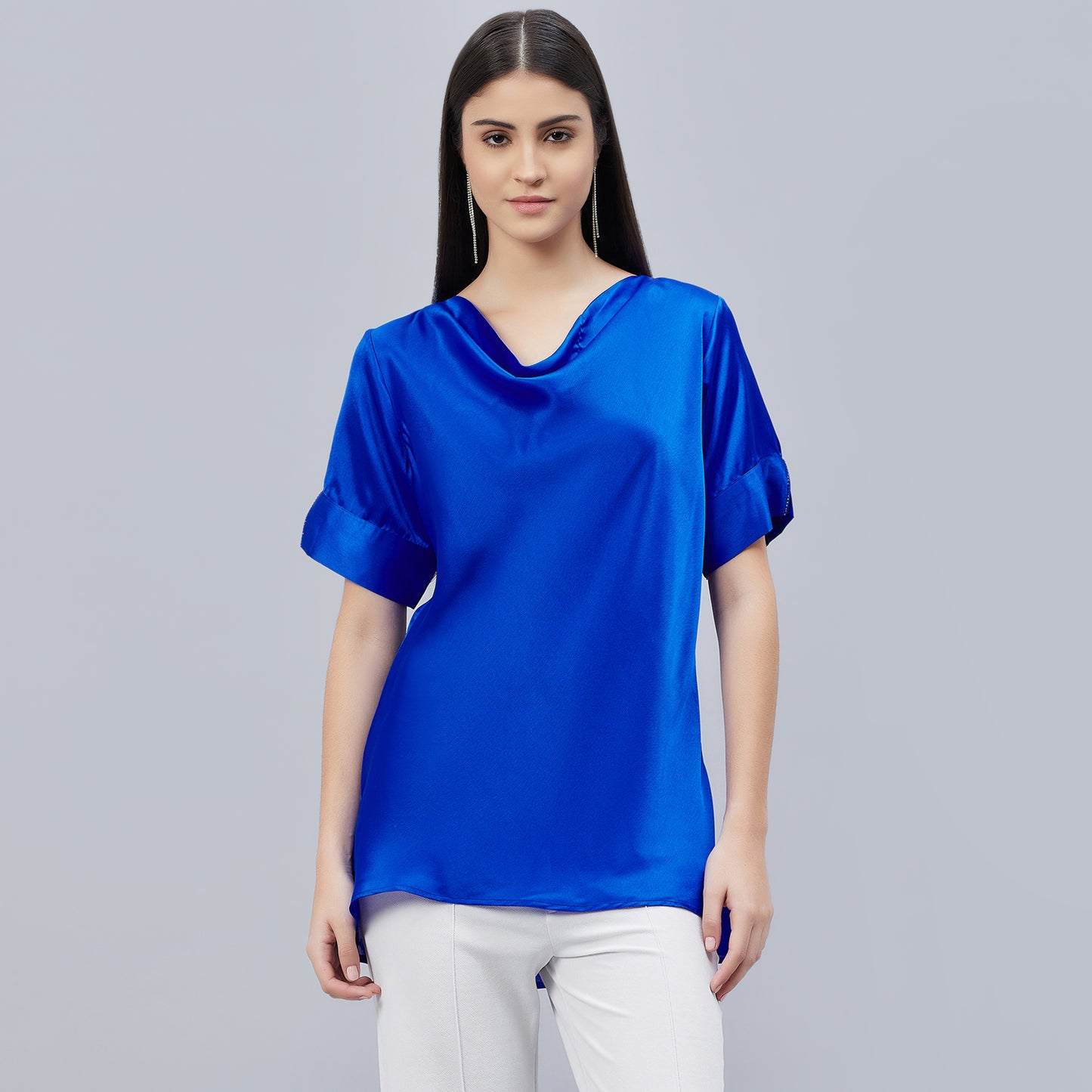Cobalt Blue Cowl Neck Embellished Satin Shirt