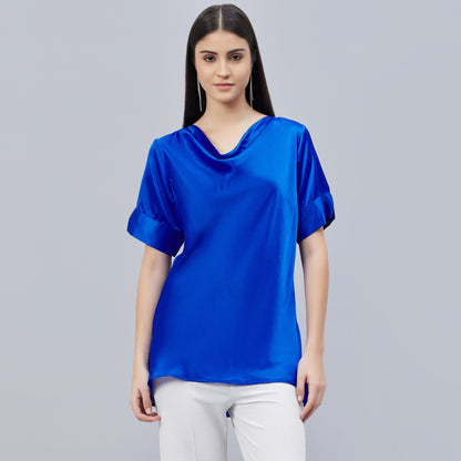 Cobalt Blue Cowl Neck Embellished Satin Shirt
